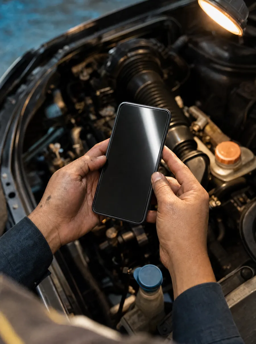 Las manos de un mecánico, con grasa en los nudillos, sosteniendo un teléfono sobre el motor destapado de un carro.